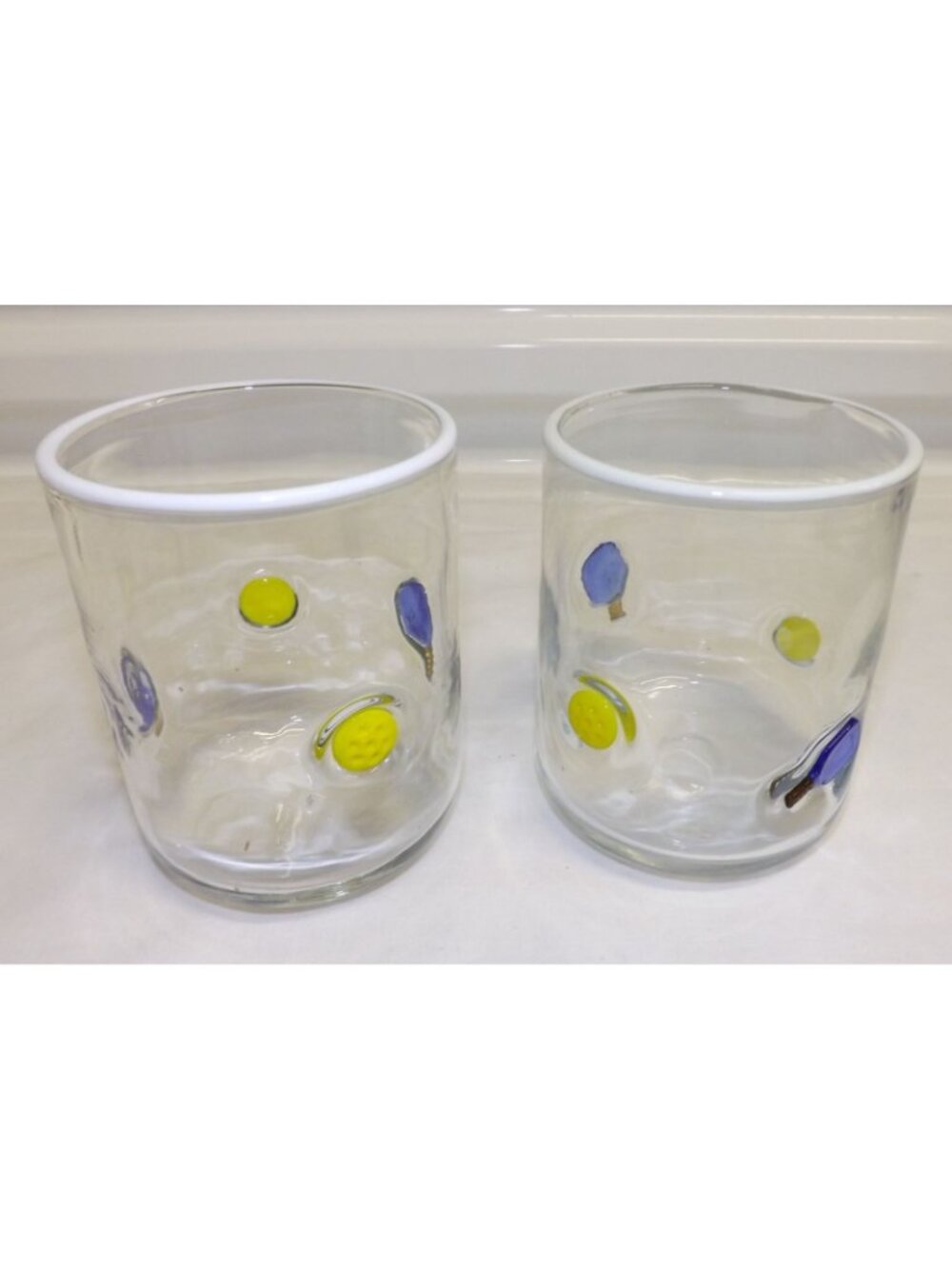 Anthropologie Pickleball Icon Juice 2 Glasses Handmade Glass Raised Paddle Ball - Picture 2 of 9